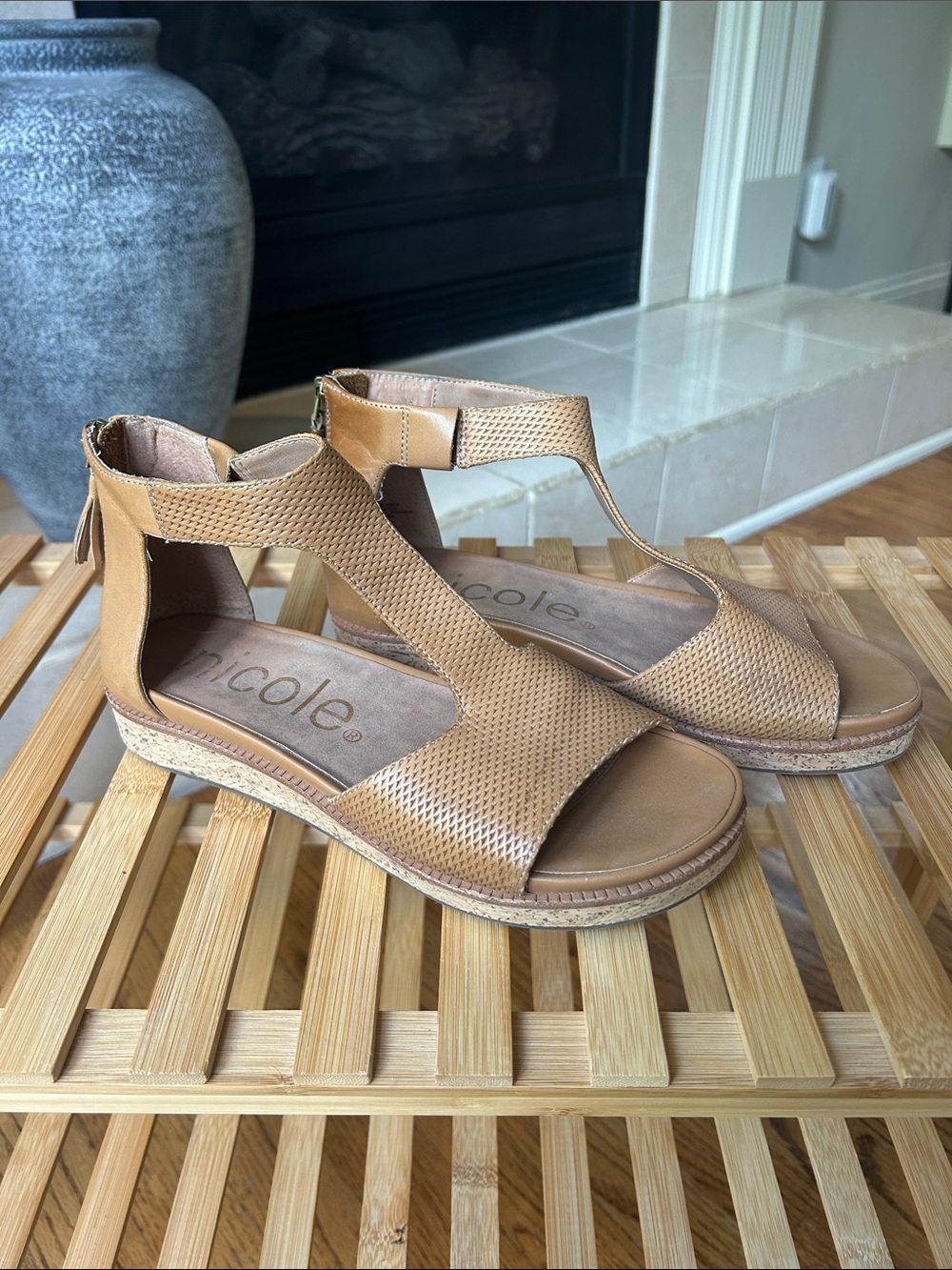 *can’t ship until 05/16* Tan T-Strap Wedge Sandals